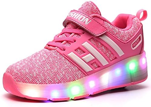 Luckly Grace Unisex Kids LED Roller Skate Shoes With Wheel High Top Retractable Technical Skateboarding Outdoor Sport Trainers Flashing Running Sneaker For Girls Boys (3 UK, Pink)