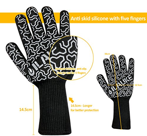 Grillhandschuhe Premium bis 500 °C Grill Ofenhansschuhe ilauke Kamin Backen Hitzebeständige Handschuhe aus Kevlar-Nomex Gewebe EN407 2er extra lang für extreme Sicherheit gratis 100 Einweg Handschuhe - 4