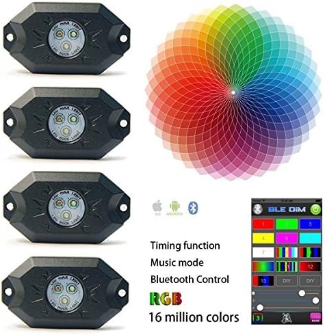 KAIL 9W 4 Pods Multicolor Neon LED Light Kit RGB LED Rock Lights with Bluetooth Controller Timing Function Music Mode