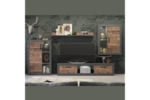 Homely - Mueble de Salón Modular Duke | Conjunto 4 Muebles | Muebles Salón Completo | Mueble para Televisión + Mueble Bajo + Mueble Alto + Estantería Alta | Color Nogal y Cemento