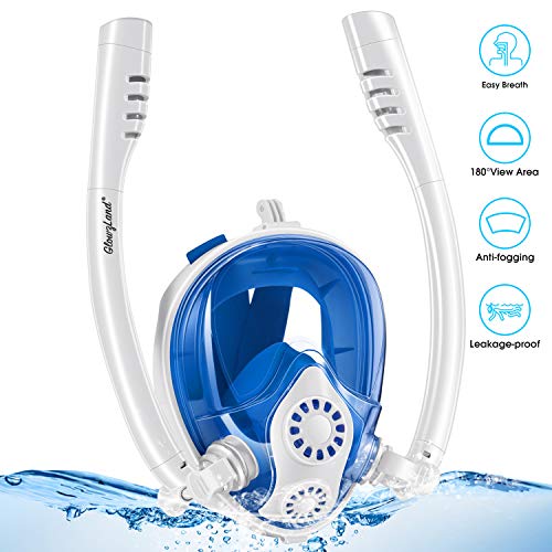GlowsLand Máscara de Snorkel Mascara de Snorkeling 180° Vista Panorámica, Diseño de Doble Tubo, Respirar Facilmente, Anti-empañante Anti-Fugas con Soporte para Cámara Deportiva para Niños 2019