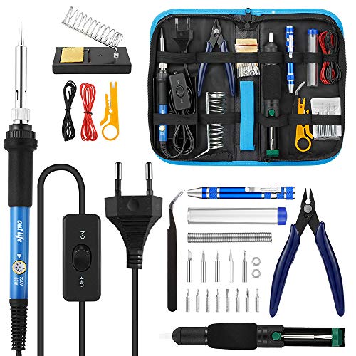 Juego de soldador eléctrico 23 en 1, 60 W, regulación de la temperatura 200 - 450 °C, con multímetro digital, soporte para soldador, espiga para reparaciones eléctricas, Azul