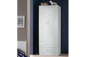 Dmora Armadio Guardaroba A Due Ante E Due Cassetti Con Barra Appendiabiti, Made In Italy, Cm 80 X 52 X H190, Colore Rovere Sbiancato