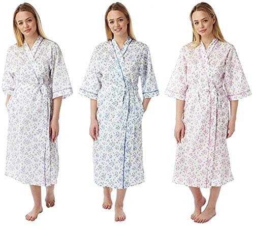 Ladies Polycotton Dressing Gown Size UK 10 to 30 Bath Robe wrap tie Pockets Plus