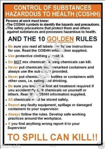 COSHH TEN GOLDEN RULES LAMINATED A3 WORKPLACE POSTER OFFICE SHOP FACTORY