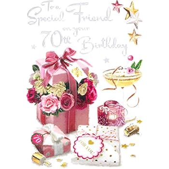 Cherry Orchard 70th Happy Birthday Card – Gold Foil Design With Presents & Balloons, Includes Gold Envelope