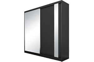 Mars Meble Garderobenschrank mit Spiegel Gaja Schrank mit Schiebetüren Einlegeböden Kleiderstange, Farbe: Schwarz, Breite: 200 cm