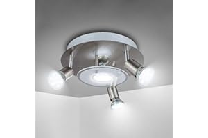 Depuley Spots de Cuisine Réglable, Plafonnier Rond Salon Moderne, Métal Chrome Mat, 4 X LED Ampoule GU10, Plaque Verre, Éclairage Intérieur Applicable à Couloir, Entrée, Chambre, Salle à manger