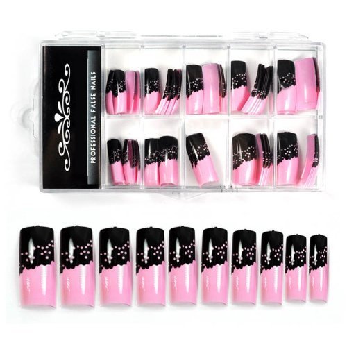 BF Professional Airbrushed New false Nail Tips For Acrylic Nail Art Tips Design Manicure tool (70pcs w/ tip box & glue) - BLACK PINK LACE