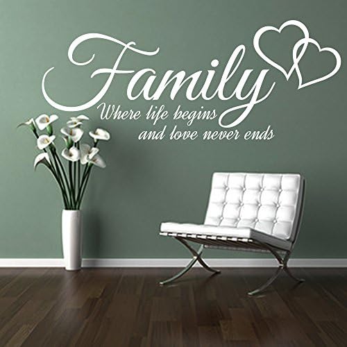 FAMILY where life begins and love never ends, quote wall art sticker decal words, WHITE, 100x40 cm