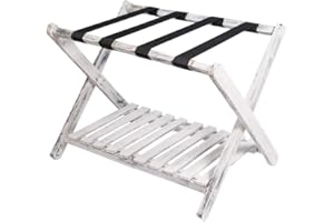 Penguin Home Luggage Rack, Foldable Mango Wood Suitcase Stand with Storage Shelf for Guest Room, Bedroom, Hotel, Heavy-Duty (Antique White Finish)