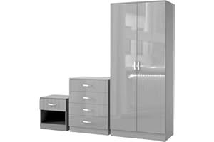 GENERIC 3 Piece High Gloss Bedroom Furniture Sets - 4-Drawer Chest, and Bedside Cabinet With 2 Door Wardrobe for Modern Bedrooms – Soft Close Doors (Grey, Large)