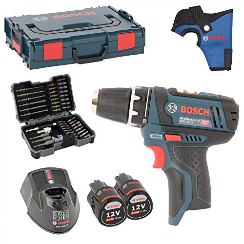 Bosch Akku-Bohrschrauber GSR 10,8-2-Li inkl. Bohrfutter und 2 Akkus 2,0AH und Ladegerät AL1130CV in L-BOXX Gr. 1 MIT HOLSTER + Bosch Bitsortiment 43 tlg. inkl. SW 6,8,10