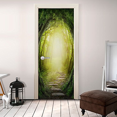 Türtapete XL 80x210 cm ! Premium Vliesleinwand mit Samt Haptik! Fototapete Tapete Türpanel Türposter Tür Foto Bild Design Bäume Weg Natur grün gelb c-B-0197-a-d