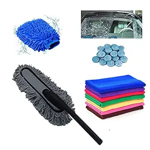 Kanya Car Cleaning Accessories Full Interior and Exterior Car Wash Kit All in one Microfiber Duster, 5 Pcs windshield glass cleaner tablet, Glass Wiper, Hand Gloves, Cloth, Combo of 5 Pack