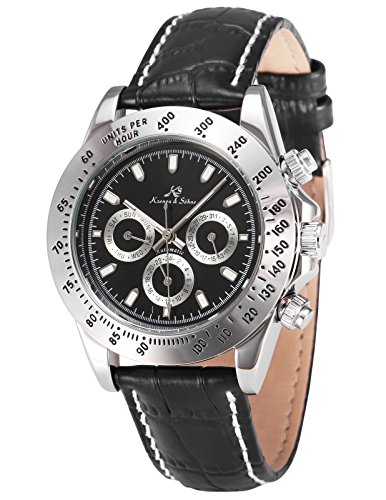 KS Automatikuhr Silber/Schwarz Automatik Mechanik Herren Uhr Leder Armbanduhr