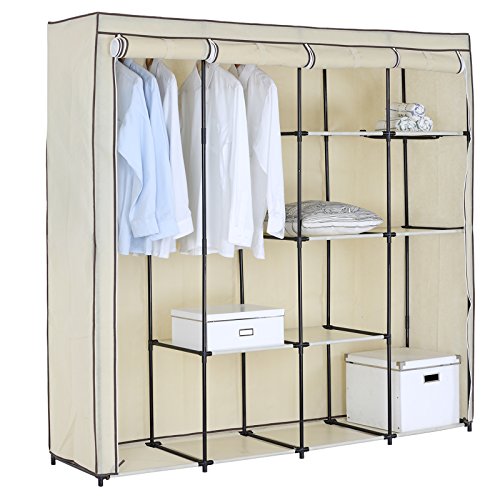 WOLTU® SS5024cm-1-a XXXL Kleiderschrank Stoff , Campingschrank Garderobenschrank Faltschrank , Stoffkleiderschrank Mit 2 Hakenstange , 174x46x169 cm (Creme)