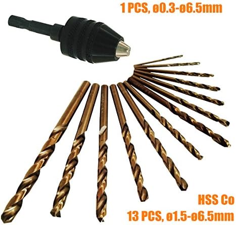 COPECHILLA Drill bit Set Metal 13pcs ø1.5-ø6.5mm,Professional Cobalt HSS,with 1/4 Chuck Adaptor Hexagonal,with Storage Box 14.5x8.5x3.5cm,for Professional,Family,DIY