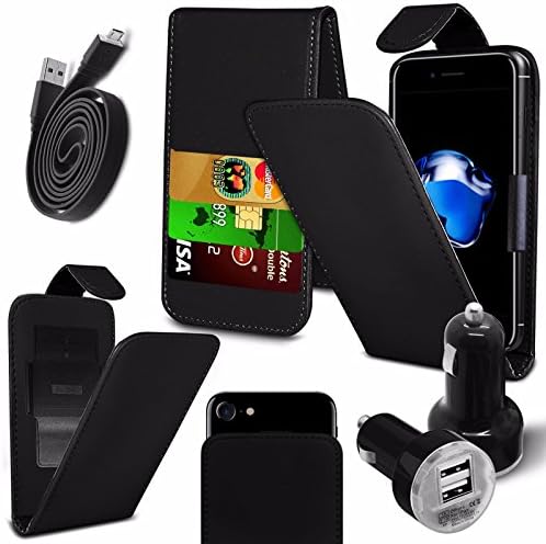 Samsung Galaxy Xcover 4 (5") - PU Leather Slide-Up / Down Spring Pocket Top Flip Folio Phone Case Cover + Dual Bullet Charger + Micro USB 1 Metre Flat Data Cable - Black