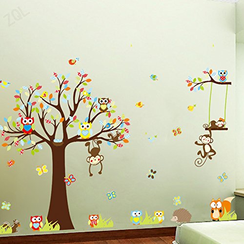 Wand Sticker Aufkleber Papier Kunst Dekoration Fröhliche Tiere Löwe Wald Baum Deko Dschungel-Affe-Waldtierwandaufkleber Eichhörnchen und Eule Schaukel Spiel
