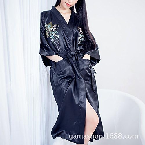 Wanglele Silk Pajamas Long Robe And Bamboo Crane Double Satin Silk Gown,Black,F