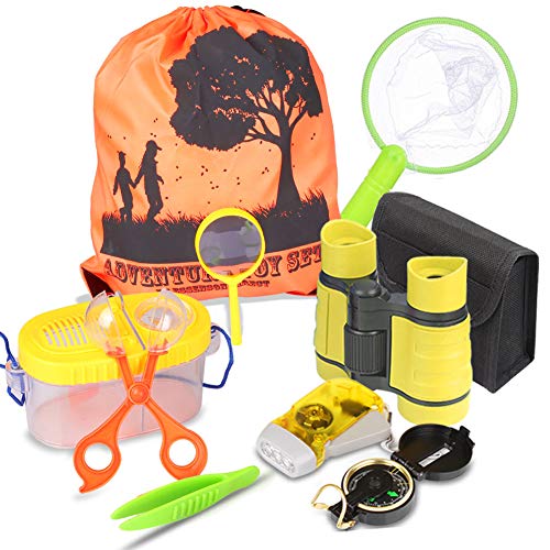 Draussen Forscherset & Bug Catcher Kit mit Kinder fernglas, Taschenlampe, Kompass Lupe, Schmetterlingsnetz, Pinzette Adventurer Explorer Set für Camping Geschenke für 3-10 jahre junge spielzeug