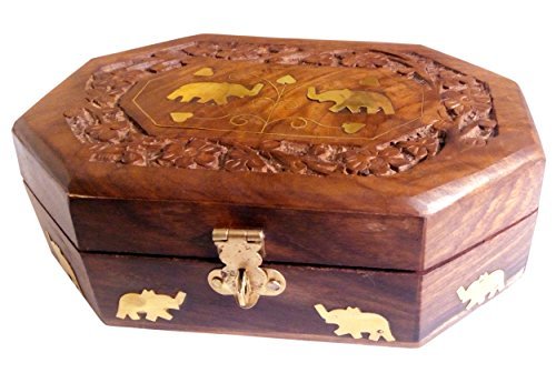 Wooden Jewelry Box Octagonal Handcrafted Twin Elephant Brass Inlay & Wood Carvings by Super India