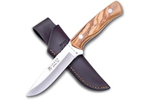Joker Cuchillo Bushcraft Arrui 12" CO63, cachas de madera de Olivo, hoja de acero inoxidable de 12 cm, con funda de cuero marrón, Herramienta de pesca, caza, camping y senderismo