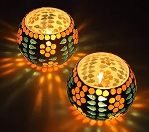 TIED RIBBONS Set of 2 Mosaic Glass Votives Tealight Candle Holders - Diwali Decorations Items for Home and Diwali Gifts (Glass, Pack of 2)