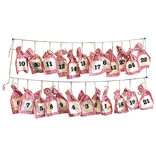 Haushalt International Multistore 2002 - Calendario dell'Avvento con 24 sacchettini in Corda, 220 cm, Colore: Rosso/Bianco