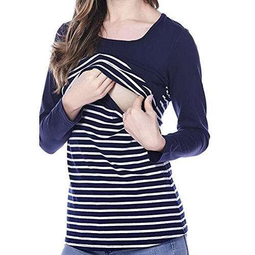 Meedot Femmes Allaitement Tops Allaitement Maternel Maternité T-Shirt Double en Couches Haut Longue Manche Chemise Grossesse Tops Rayé Sweatshirt Jersey Noir M