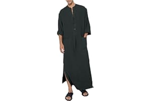 YAOHUOLE Men's Long Sleeve Thobe Button Up Abaya Long Gown Side Split Kaftan Robe with Pockets