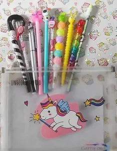 GoMerryKids Pack of 10 Cartoon Unicorn Mermaid Gel Pens Ball Pens and Mechanical Pencil Lead Pencil Set with Unicorn Small Folder Pouch Case for Girls Kids