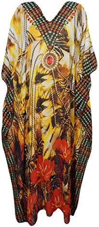 Boho Chic Designs Women's Kaftan Dresses Gretchen Georgettina Vibrant Shades Digital Print Bikini Beach Cover UPS (Yellow)