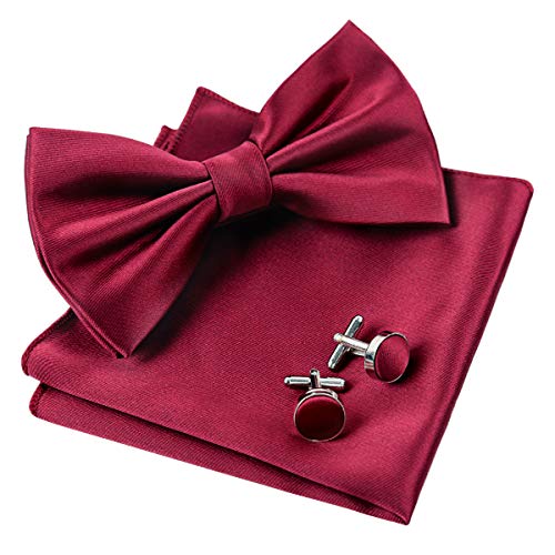 Alizeal Liso-Pajarita, Pañuelo y Gemelos Clásico para Hombre Burdeos