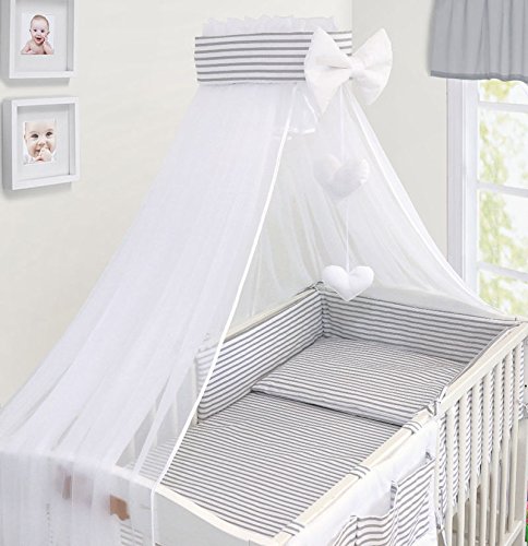 LUXURY 10Pcs BABY BEDDING SET COT BED PILLOW DUVET COVER BUMPER CANOPY to Fit Cot Bed Size 140x70cm 100% COTTON (Grey Stripes)