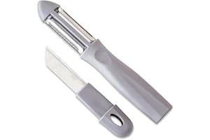MOEM&AN Pelador Patatas con Cuchillo, 3en1 Multipelador de Frutas y Verduras, Pelador Verduras, Pelador Multiusos|Pela Laminas Juliana|Cuchillas: Acero Inoxidable, Oscilantes, Afiladas|Mango Ergonomico (gris)