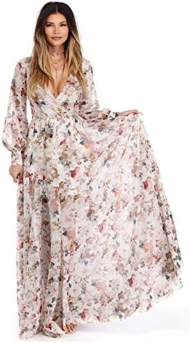 WINWINTOM Long Dresses, Women V Neck Long Sleeve Chiffon Floral Long Maxi Evening Party Dress (Beige, 2XL)