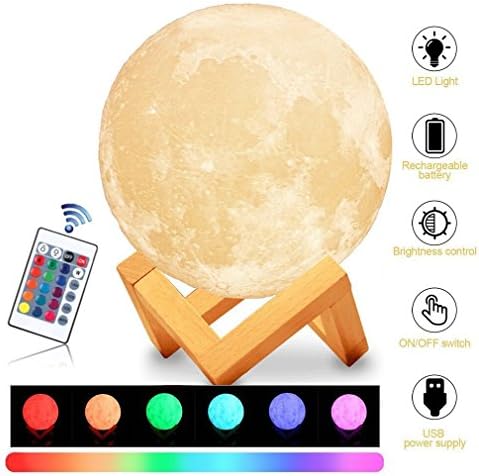 Elecstars 16 Colors Full Moon Lamp, 5.9'' 15cm LED 3D Printing Remote Contro Desk Lamp USB Rechargeable Stepless Dimmable Lunar Night Light for Children Friend Gift and Home Decoration