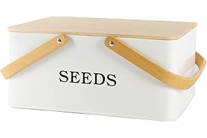 Xbopetda Seed Box, Seed Storage Container with Wooden Lid, Metal Storage Box Garden Seed Tin with Handles, 4 Compartments Seed Storage Box Organiser, Seed Packets Container, Gardening Gifts (White)