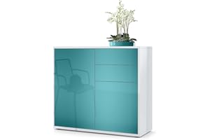 ‎VLADON Vladon Sideboard Ben, Kommode mit 2 Türen und 2 Schubladen, Weiß Hochglanz/Petrol Hochglanz (79 x 74 x 36 cm)