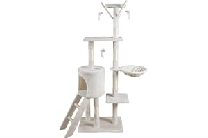 JL Comfurni Cat Tree Cat Tower 140cm Cat Activity Trees Cat Climbing Tower with Ladder Cat Scratching Post for Kitten and Large Cat Indoor (Cream)
