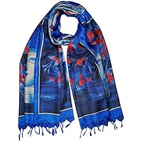Women Long Wraps Stole Silk Blend Blue Buddha Print Scarves Hair Scarf Shawl