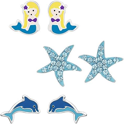 Happy Kids and Women – Mermaid Dolphin, Starfish, Silver Stud Earring Set – Sterling Silver Clear Cubic Zirconia 3 Pair/Pack of 6 – HS 1002