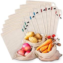 Kupton Lot de 10 sacs en maille réutilisables en coton biologique lavable pour ranger les fruits et légumes, les courses, les jouets, les sacs à cordon de serrage légers (5 L - 2 M - 3 petits)