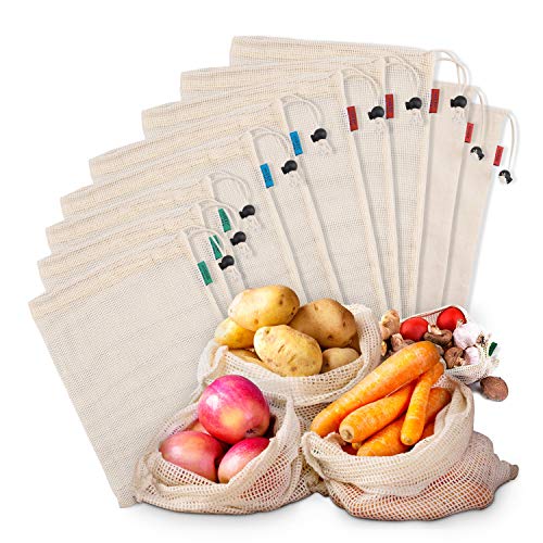 Kupton Lot de 10 sacs en maille réutilisables en coton biologique lavable pour ranger les fruits et légumes, les courses, les jouets, les sacs à cordon de serrage légers (5 L - 2 M - 3 petits)