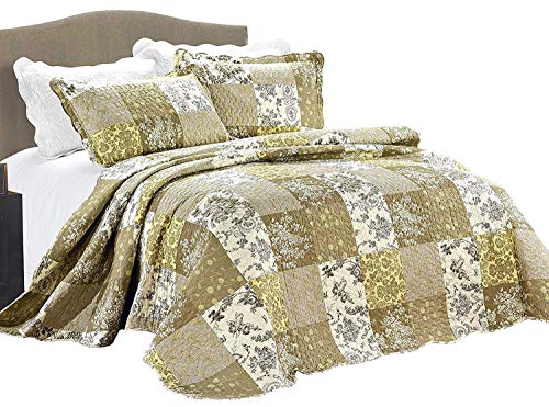 Imperial Rooms 3 piece Embroidered Patchwork Quilted Bedspread Beautiful Floral Luxury Bedding sets