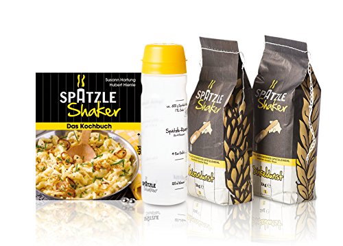 Großes Geschenkset mit 4-Portionen-Spätzle-Shaker gelb, beide Spätzlemehle und Spätzle-Shaker-Kochbuch