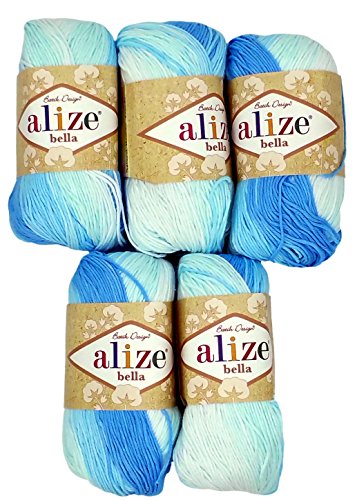 5 x 50 Gramm Baumwolle Farbverlauf blau hellblau weiß Nr. 2130, 250 Gramm Wolle aus 100% Baumwolle, Strickwolle