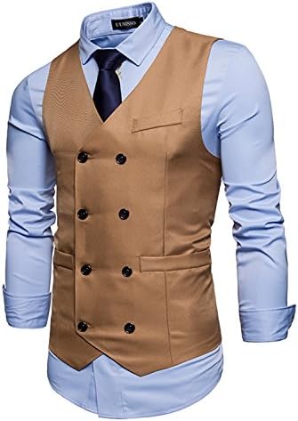 UUAISSO Mens Double Breasted V Neck Business Casual Suits Waistcoats Vest Beige 2XL